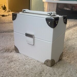 White Faux Leather Train Case Cosmetic Bag with Silver Hardware